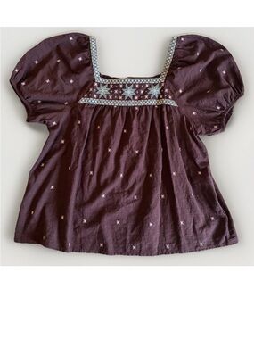 Madewell Embroidered Puff Sleeve Top L Square Neck Brown Purple Cotton Boho
